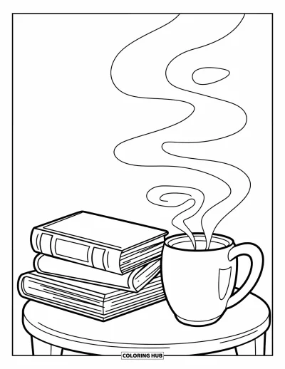 Book Coloring Page for Kids: A steaming mug sits beside a book stack on a small table