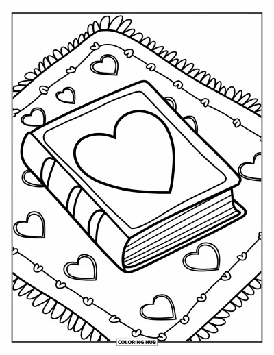 Book Coloring Page for Kids: A sweet book with a heart cover rests on a heart-patterned rug