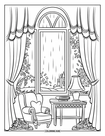 Book Coloring Page for Kids: A tall window with rain, plants, and a chair makes this reading nook feel magical