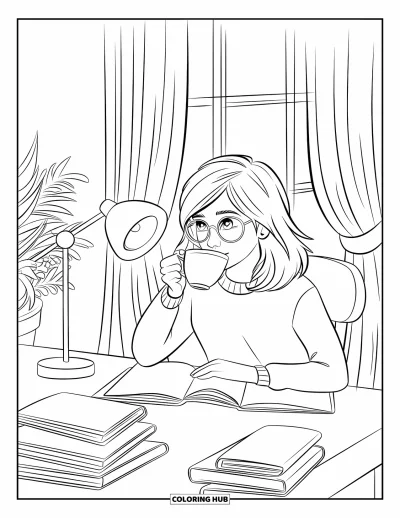 Book Coloring Page for Kids: A teen girl sips tea while journaling at her book-filled desk