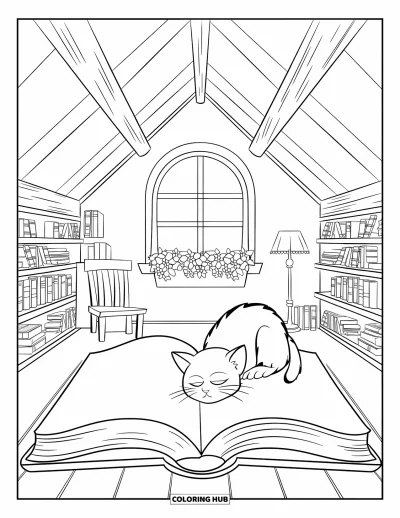 Book Coloring Page for Kids: A warm attic nook holds books, a window view, and a cat snoozing on a book