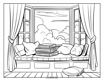 Book Coloring Page for Kids: A window seat with fluffy pillows and books looks out at a cloudy sky