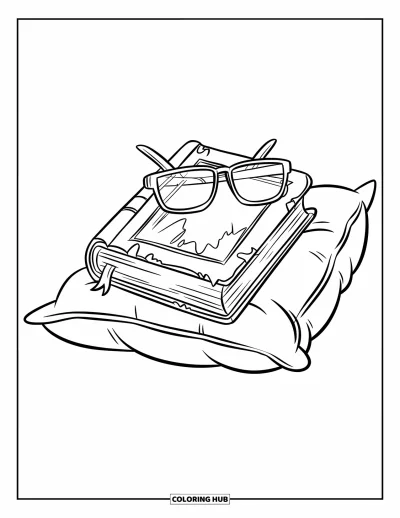Book Coloring Page for Kids: A worn book and glasses lie on a fluffy pillow in a quiet space