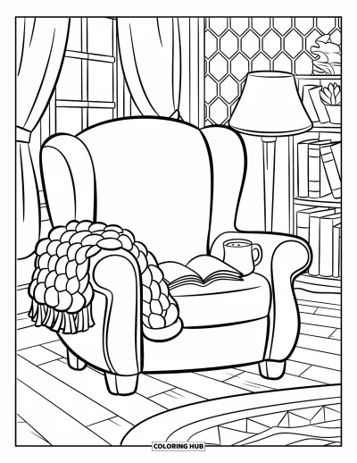 Book Coloring Page for Kids: An inviting armchair with a warm blanket and cocoa rests near a window and bookshelf