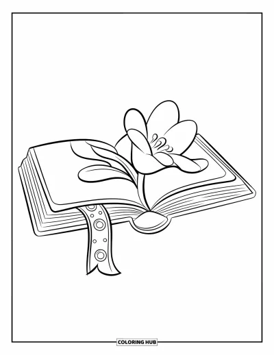 Book Coloring Page for Kids: An open book titled "The Adventures of Mickey Mouse" sits with a flower and bookmark