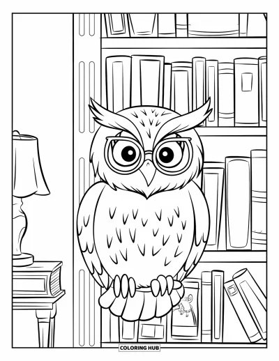 Book Coloring Page for Kids: An owl with glasses perches in a cozy room filled with books and a glowing lamp