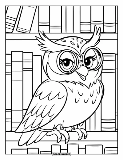 Book Coloring Page for Kids: An owl with glasses perches on a bookshelf filled with books