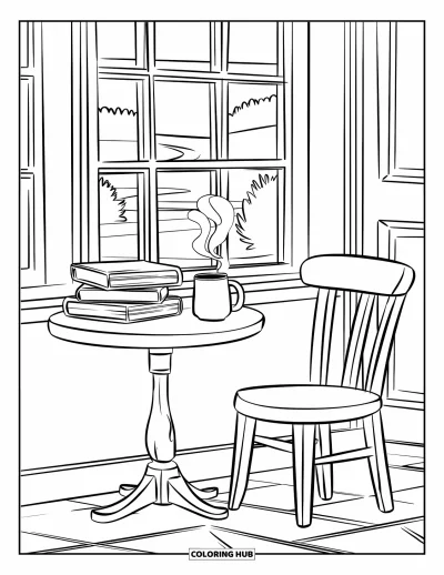 Book Coloring Page for Kids: Books and a warm drink rest on a table near a sunny window