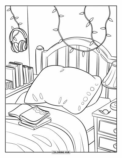 Book Coloring Page for Kids: Books and fairy lights surround a soft bed with a pillow and lamp nearby