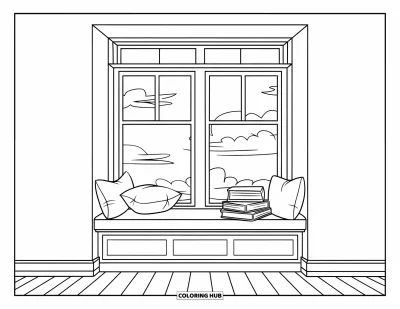 Book Coloring Page for Kids: Books and pillows fill a quiet window seat with a cloudy view outside