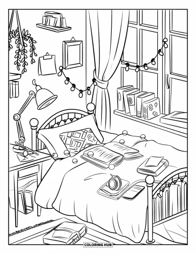 Book Coloring Page for Kids: Books, headphones, and fairy lights decorate a comfy bed in a cozy room