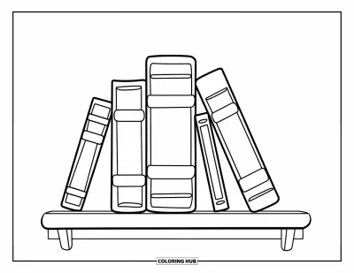 Book Coloring Page for Kids: Books lean playfully on a shelf with big, easy-to-color shapes