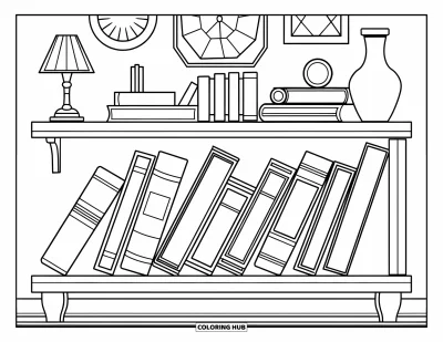 Book Coloring Page for Kids: Books lean this way and that on a shelf with a few cozy room details