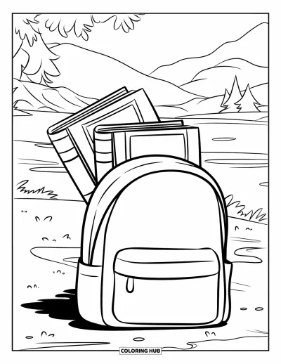 Book Coloring Page for Kids: Books spill from a backpack placed in a peaceful landscape