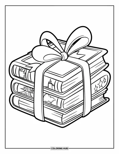 Book Coloring Page for Kids: Books with stars, trees, and castles are stacked and wrapped in a big ribbon bow