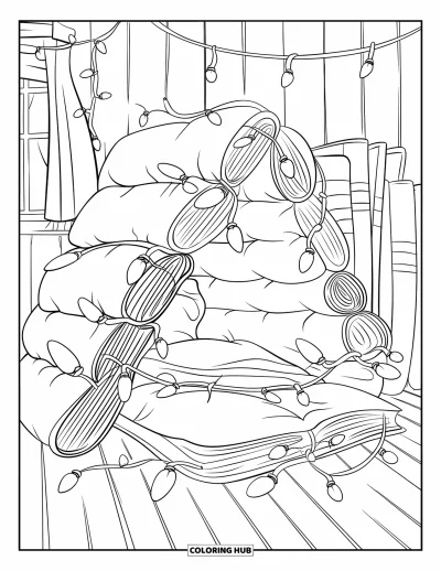 Book Coloring Page for Kids: Fairy lights twinkle over a blanket fort made for reading and dreaming