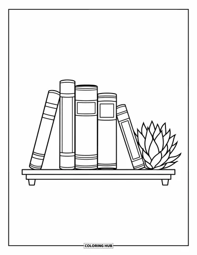 Book Coloring Page for Kids: Four oversized books with bold labels sit neatly beside a tiny succulent