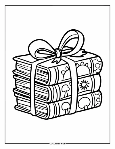 Book Coloring Page for Kids: Three big books with fun icons are tied together with a playful ribbon