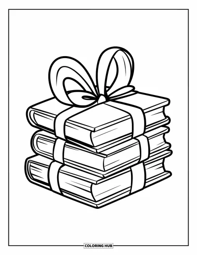Book Coloring Page for Kids: Three chunky books are tied with a big ribbon bow on a plain background