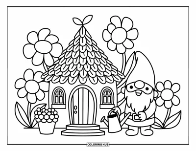 Coloriage de château pour adultes : Un gnome joyeux s'occupe des fleurs à l'extérieur de son château au toit feuillu dans un jardin fantaisiste