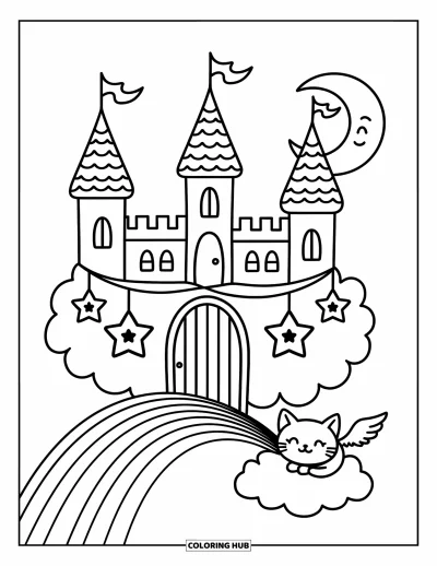Coloriage de château pour adultes : Un chat confortable se blottit près d'un château sur un nuage, éclairé par des étoiles et une lune souriante