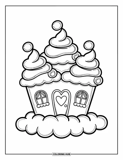 Coloriage de château pour adultes : Un château en forme de cupcake avec des tourbillons de glaçage et des rideaux se trouve sur une île flottante