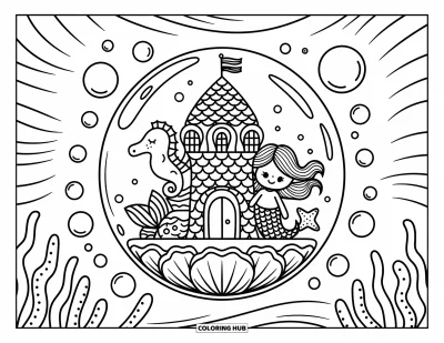 Coloriage de château pour adultes : Un château de coquillage de rêve flotte dans une bulle géante avec une sirène, un hippocampe et une étoile de mer