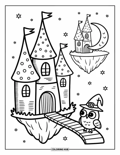 Coloriage de château pour adultes : Un château céleste de rêve flotte au-dessus des étoiles, surveillé par un minuscule hibou sorcier