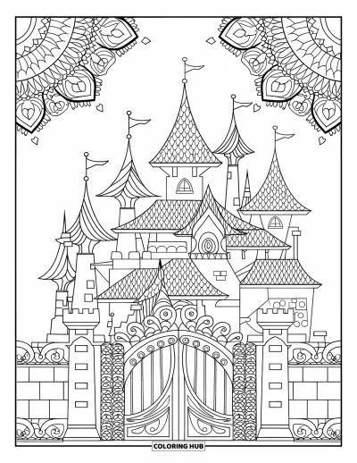 Coloriage de château pour adultes : Un château fantastique brille avec des tours en spirale, des portes enchantées et des détails magiques