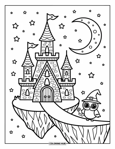 Coloriage de château pour adultes : Un château flottant se connecte à un pont lunaire tandis qu'un hibou sorcier tient un parchemin à proximité