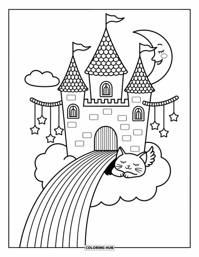 Coloriage de château pour adultes : Un château nuageux flottant avec des étoiles pendantes brille sous une lune tandis qu'un chat ailé somnole