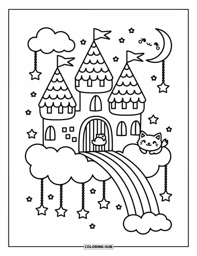 Coloriage de château pour adultes : Un nuage duveteux abrite un château de rêve avec des étoiles, un chemin arc-en-ciel et un chat ailé endormi