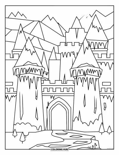 Coloriage de château pour adultes : Une forteresse gelée avec des tours et des cascades glacées se trouve tranquillement parmi des arbres enneigés