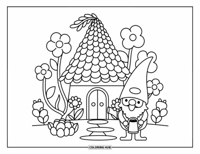 Coloriage de château pour adultes : Un gnome s'occupe joyeusement des fleurs à l'extérieur de son minuscule château niché dans un jardin magique