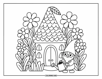 Coloriage de château pour adultes : Un gnome arrose des fleurs à côté de son minuscule château caché parmi des fleurs de jardin surdimensionnées