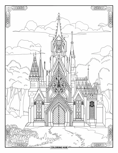 Coloriage de château pour adultes : Un château gothique s'élève dans les nuages avec des flèches et des vitraux lumineux