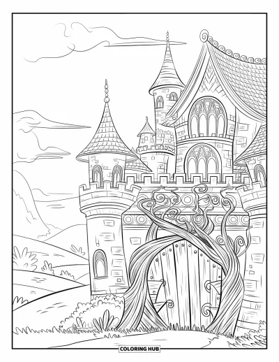 Coloriage de château pour adultes : Un château magique avec des spirales et des sculptures repose dans des collines verdoyantes et un ciel calme
