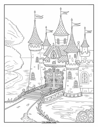 Coloriage de château pour adultes : Des douves entourent un château fantastique avec des tourelles détaillées, des arbres et un chemin magique