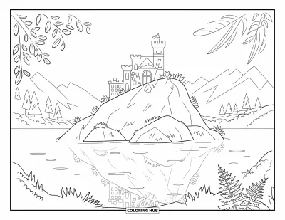 Coloriage de château pour adultes : Un rocher mousseux abrite un château tranquille au milieu d'un lac calme encadré par la forêt