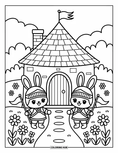 Coloriage de château pour adultes : Une paire de chevaliers lapins gardent un château confortable dans une prairie lumineuse remplie de fleurs
