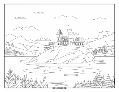 Coloriage de château pour adultes : Un lac paisible reflète un château à tourelles perché sur un rocher à motifs avec des ondulations en dessous