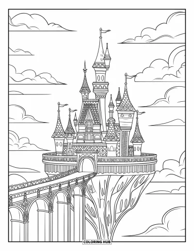 Coloriage de château pour adultes : Un ciel paisible abrite un château flottant avec des tours à motifs et des nuages doux et tourbillonnants