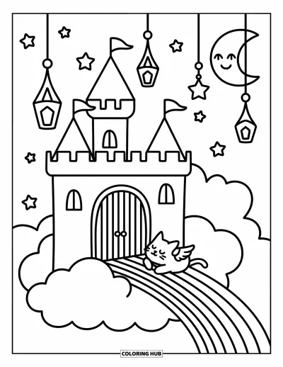 Coloriage de château pour adultes : Un chemin arc-en-ciel mène à un château nuageux tandis qu'un minuscule chat ailé fait la sieste près de la porte
