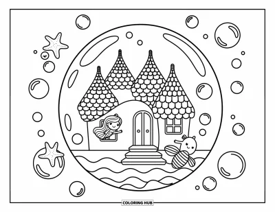 Coloriage de château pour adultes : Un château de coquillages flotte dans une bulle tandis qu'une sirène jette un coup d'œil avec des amis marins à proximité