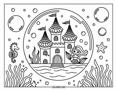 Coloriage de château pour adultes : Un château de coquillages flotte dans une bulle tandis qu'une sirène, une étoile de mer et un hippocampe profitent de la scène