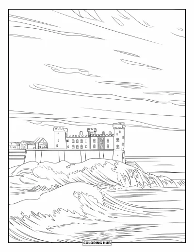 Coloriage de château pour adultes : Un château en bord de mer s'accroche à une falaise tandis que les vagues s'écrasent sur les rochers en contrebas
