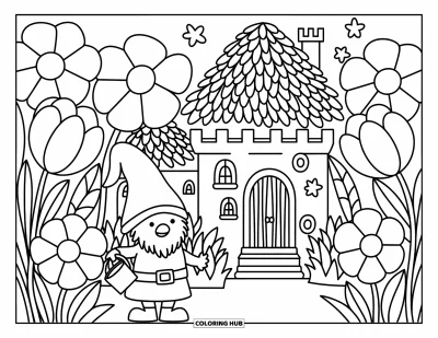 Coloriage de château pour adultes : Un gnome souriant avec un arrosoir se tient près de son confortable château parmi des fleurs géantes