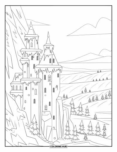 Coloriage de château pour adultes : Une forteresse enneigée s'accroche à une montagne avec des tours glacées et des cascades gelées à proximité