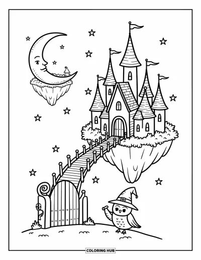 Coloriage de château pour adultes : Un château étoilé flotte dans le ciel avec un pont lunaire et un hibou tenant un parchemin
