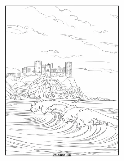 Coloriage de château pour adultes : Un château en pierre domine les vagues déferlantes sur une falaise enveloppée de nuages venteux